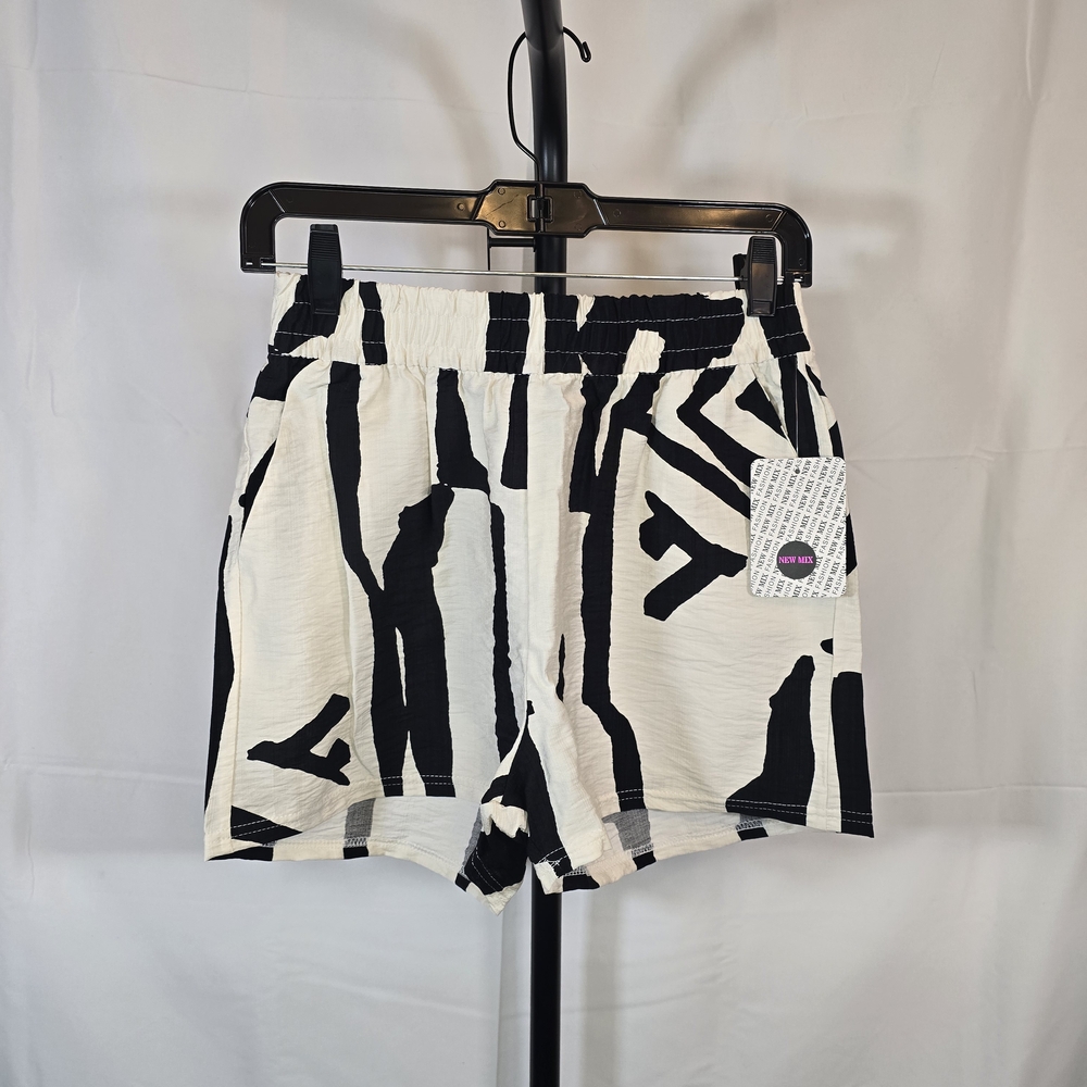 Black and Off White Tribal Linen Blend Shorts